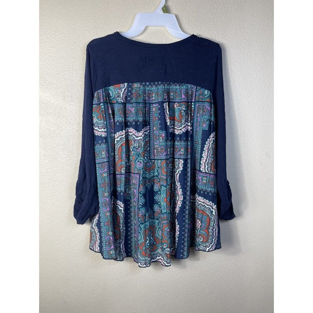Navy Blue Women's Top with Paisley Accents - Picture 2 of 11